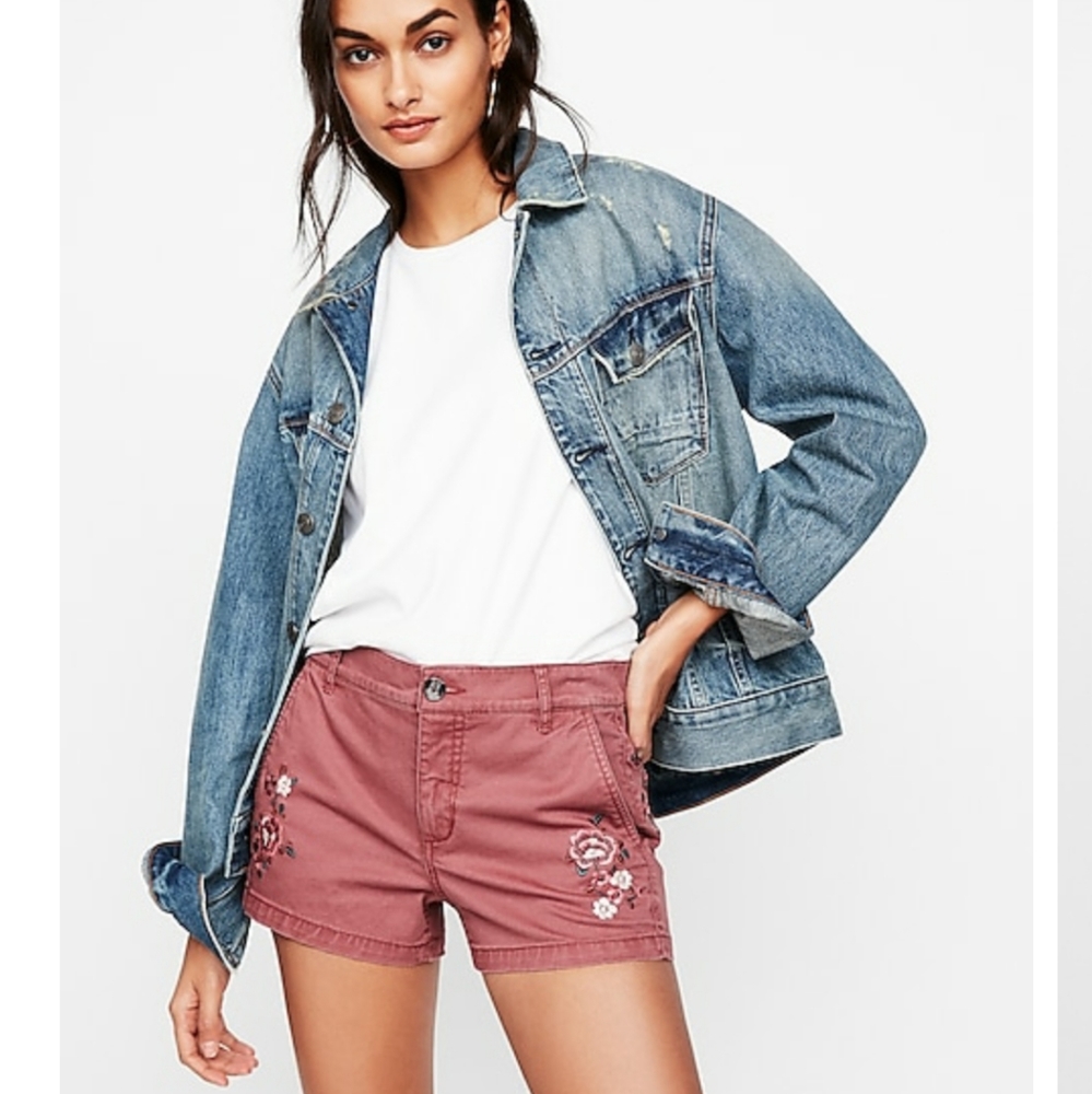 Express Embroidered Mid Rise Floral Twill …